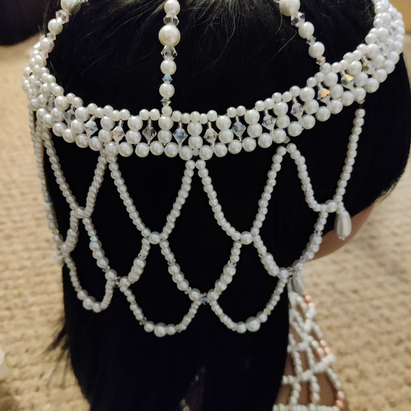 Beaded Bridal Head Piece, White pearls and clear Crystals. New. Custom-made. - Picture 3 of 4